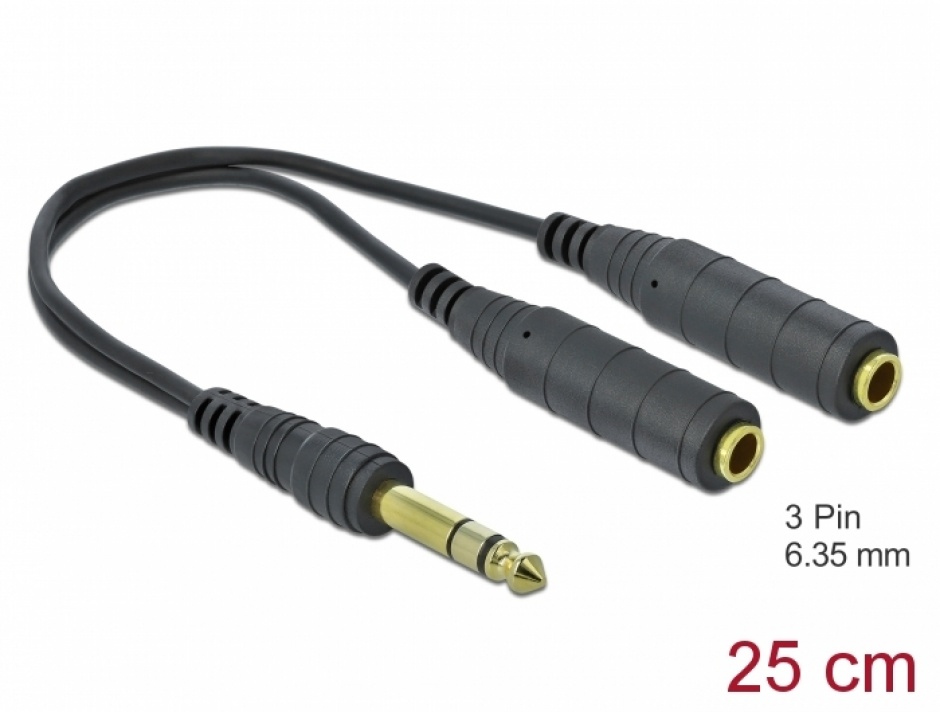 Imagine Splitter audio jack stereo 6.35 mm la 2 x jack stereo 6.35mm T-M 25cm, Delock 66494